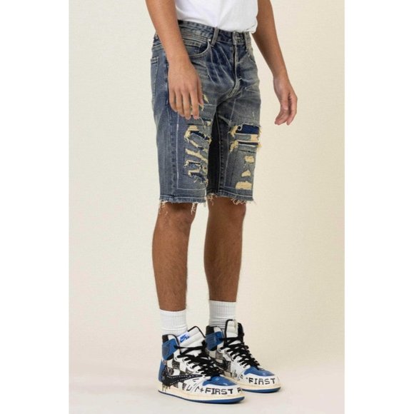 FIRST ROW CASUAL PANTS SHORT SUMER BORO STITCH HEAVY RIP&REPAIR DENIM SHORTS - Picture 3 of 10